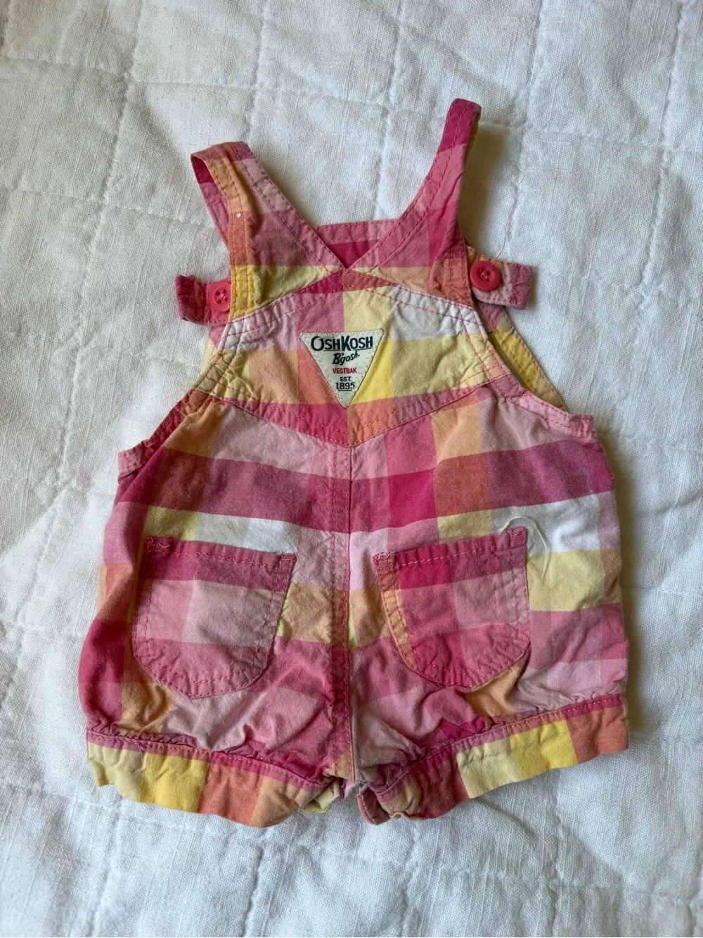 Vintage OshKosh B'gosh Pink Yellow Plaid Baby Girls' Cotton Shortalls 6 Months